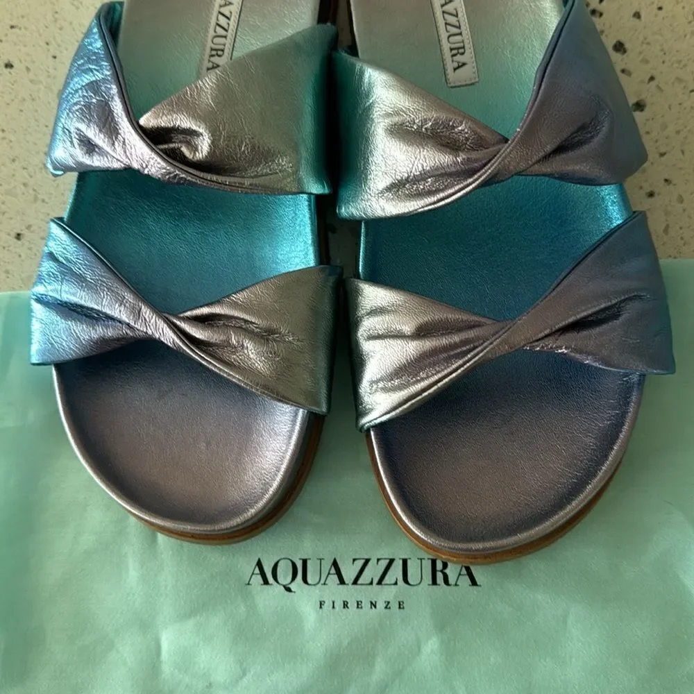 Aquazzura Twist Leather Metallic Blue Sandals Slides Made in Italy Size 38 NWOB